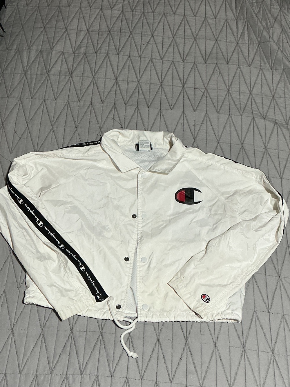 Champion White Varsity Coach Jacket with Black Logo Tape